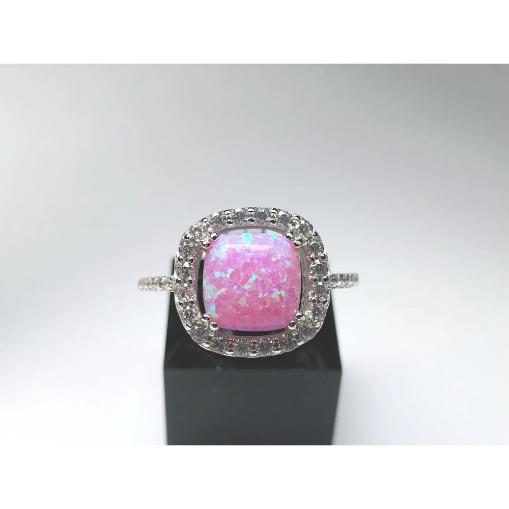 925 Sterling Silver Pink Opal, Clear CZ Ring Size 7